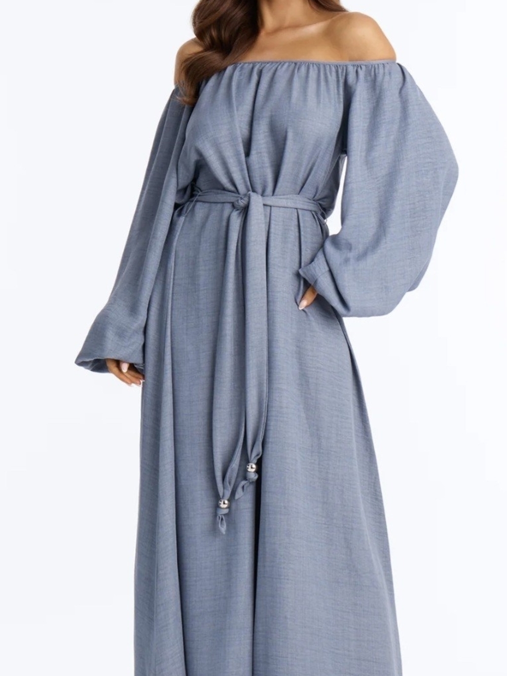 Fashion Nova Slate Gray Balloon-Sleeve Midi Dress